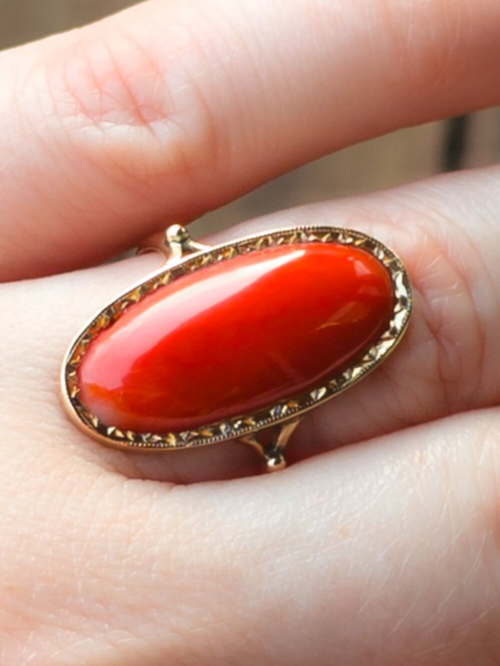 14k Gold Mediterranean Coral Cabochon Ring View 6